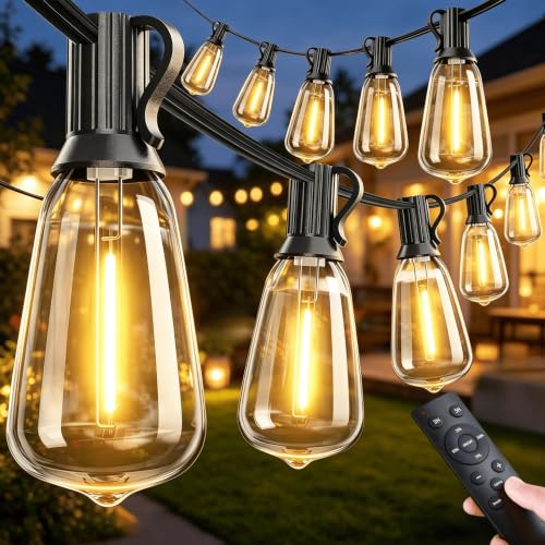VOZUJI Outdoor Patio String Lights: 100Ft 30M Outside Waterproof Light - Remote Dimmable ST38 Shatterproof Bulb Connectable Hanging Outdoor Electric Lighting - Backyard Yard Gazebo Porch Party
