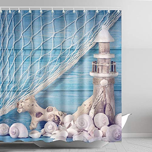 ABxinyoule Lighthouse Shower Curtain Shell Conch Nautical Blue Fabric
