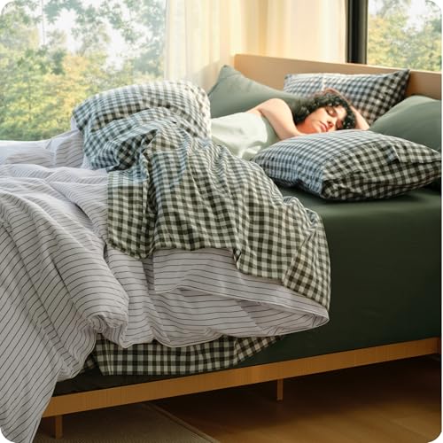 Image of Bedsure PureWoven Gingham Sheets 100% Washed Cotton King, Olive Green, 6PCS