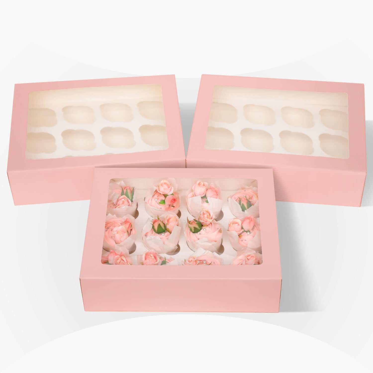 Gcardist Auto-pop Up 12 Cupcake Boxes with Window Pink 6 Packs Cupcake Box 33x25.4x9cm Bakery Boxes for Cupcakes Carrier Cupcake Containers (13x10x3.5 inch) - Image 3