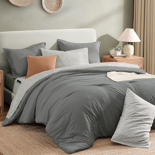 Monbix King Size Comforter Set - 7 Pieces Granite Grey Prewashed Bed in a Bag King Bedding Sets with Comforters, All Seasons Ultra Soft Comforter Bed Set with Sheets,Pillowcases & Shams
