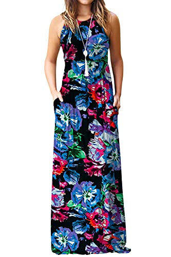 Image of EUOVMY Women's Sleeveless Dress Casual Plain Loose Summer Long Maxi Dresses with Pockets
