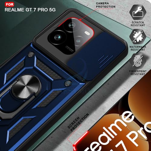 Image of AESTMO Tough Armor Realme GT 7 Pro 5G Bumper Back Case Cover | Ring Holder & Sliding Camera Shield Cover | 360 Degree Protection Back Case Cover for Realme GT 7 Pro 5G (Blue)