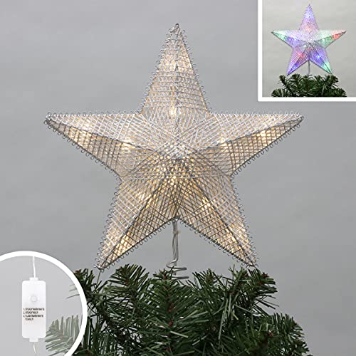 Philips 11.5" 2-Layer Silver Metallic String Star Treetopper With Coil - 3 Functions With Control Box - Ul Listed For Indoor Use - 15 Bicolor Microdot Leds Christmas Tree Topper With 24" Lead In #TOP2