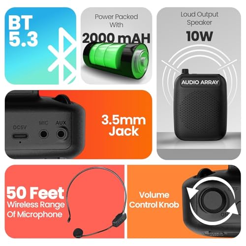 Image of Audio Array Wireless Voice Amplifier 2026 Edition | Bluetooth 5.3 |10W Speaker With Wireless Mic | For Teachers, Tour Guides |10 Hrs Battery Life |1 Click Monitoring | TWS Connectivity AM-W47 Wireless