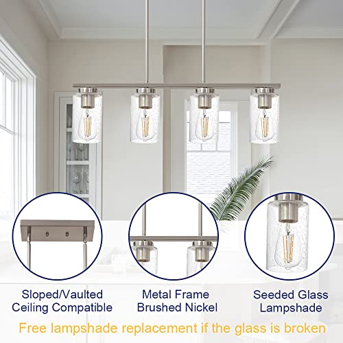 Todoluz 4-Lights Kitchen Island Pendant Light Fixture With Seeded Glass Shade, Brushed Nickel Hanging Ceiling Lighting For Farmhouse Dining Room #TOP4