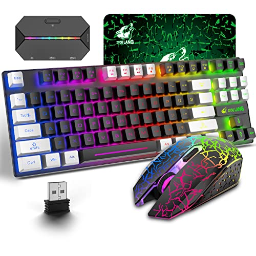 UrChoiceLtd T87ワイヤレスゲーミングキーボードマウスセット リンボーLEDバックライト 英語配列,3800mAh大容量 無線 2400DPIマウス 2.4G 静音マウス コンバーター コンパクト Switch/PS4/PS3/Xbox One対応