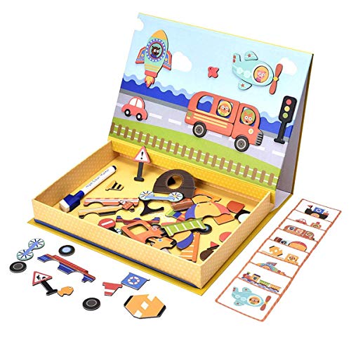 YIHUNION STEM Educational Toys Magnetic Puzzles for Kids, 57 Pieces Dry Erase Board Vehicle Jigsaw Puzzles Cardboard Drawing Board Learning Toys for Preschool Toddlers