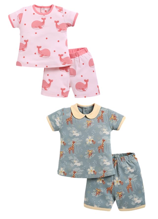 Image of BABY GO Baby Boys & Baby Girls Clothing Set | Summer Co-Ord Set for Baby | Printed 100% Cotton Half Sleeve T-Shirt & Shorts Combo | Soft Cotton Casual Wear Outfit for Infants & Toddlers Pack of 2