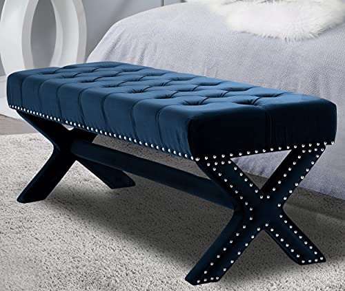 Iconic Home Neil Velvet Modern Contemporary Button Tufted With Silver Nailheads Seating, Frame And Legs X-Leg Tufted Bench, Navy #TOP7