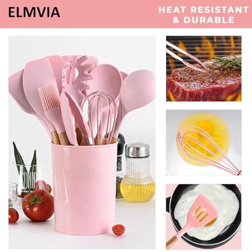 Image of Elmvia Silicone Cooking Utensil Set,12 PCS Cooking Kitchen Utensils Set, Nonstick Kitchen Utensils 446F Heat-Resistant Cookware Kitchen Tools of Spoon,Brush,Whisk,Spatula,Turner Tongs (Pink)