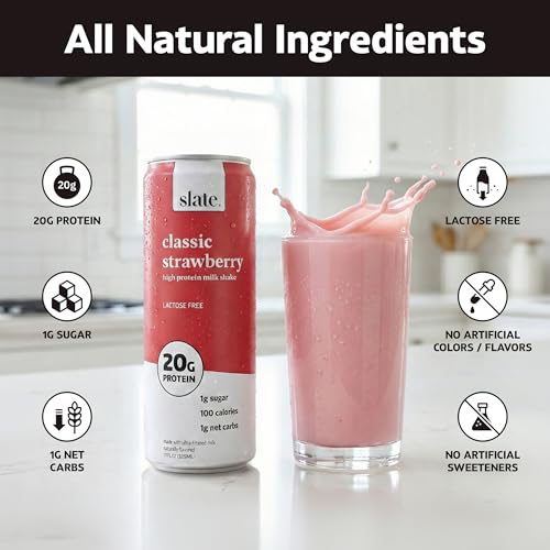 Image of Slate Milk - High Protein Milk Shake - Classic Strawberry - Lactose Free, 20g Protein, 1g Sugar, 100 Calories, 1g Net Carbs, No Added Sugar - Natural, Breakfast Boost, Post Workout - 11 fl oz, 12 Cans