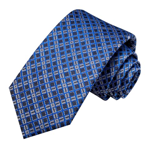 Image of Hi-Tie Men 63inches Tie Set Extra Long Necktie Paisley Tie Pocket Suqare Cufflinks Big and Tall Men Tie,Blue Plaid