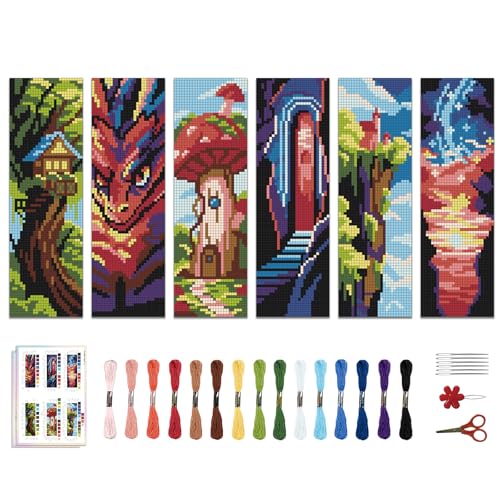 Image of ACRNIGHEET 6 PCS Cross Stitch Bookmark Kit DIY Bookmarks Cross Stitch Kits Stamped Embroidery Bookmarks for Adults Beginners Fantasy Pattern Bookmarks with Instructions Hand Craft Gift, 7.87''x2.36''