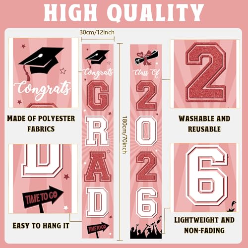 Image of Graduation Banner 2026 Pink Graduation Decorations Grad Banner Porch Sign Class of 2026 Door Decor Congrats Hanging Backdrop Pink Gold White Grad Party Decor for School Congratulations Supplies