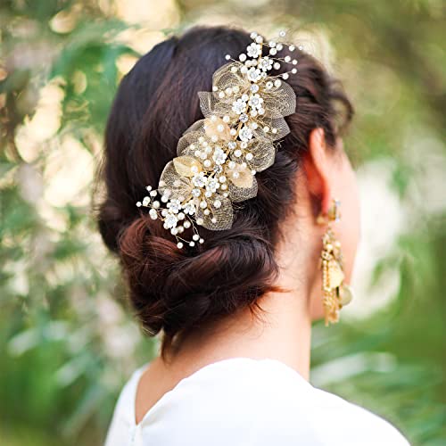 Girls Flower Headpiece Wreath Summer Wedding Bridal Headband Handmade Adjustable Halo Floral Crown Hair Flower Vine Princess Birthday Accessory (Gold) #TOP3