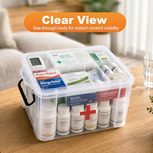 Image of 15QT Clear Medicine Organizer Box with Handle, Plastic Dorm Medicine Box with Tray, Empty First Aid Boxes, Thickened Medicine Storage Organizer, Multipurpose Medication Organizer Storage, Clear