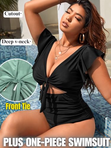 Plus Size One Piece Swimsuit for Women Curvy, Ruffle Tie Front Ruched Sexy Monokini,Cutout Tummy Control Bathing Suit2