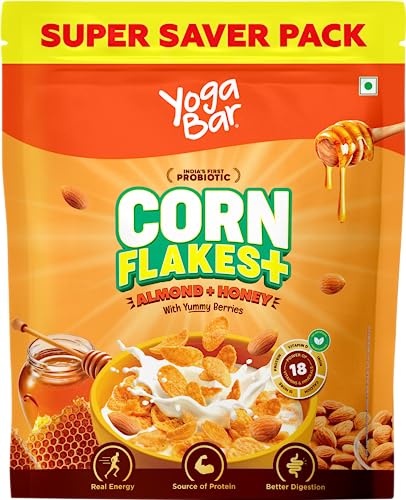 Image of Yogabar Cornflakes with Almonds, Honey & Berries | Healthy Crunchy Breakfast Cereals with Probiotics 850g | Real Honey & Almond