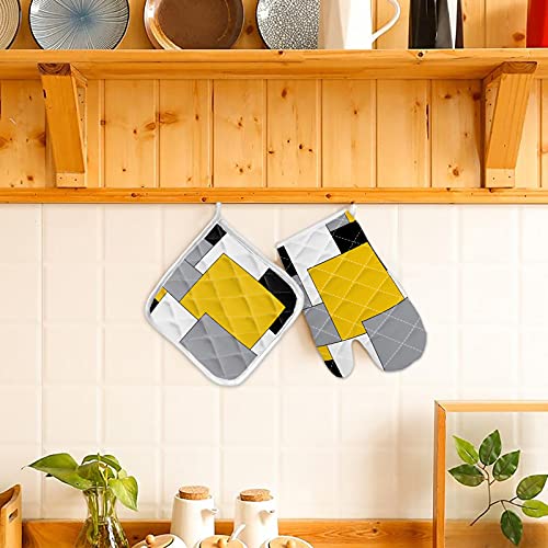 Oven Mitt Set Polyester&Cotton Glove And Pot Holder Color Block Abstract Art Yellow Black Gray 2 Pcs Anti-Skid Mitts For Kitchen Baking,Cooking #TOP5