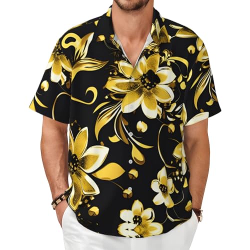 Chemise d'été homme fleurs noires et dorées à col boutonné