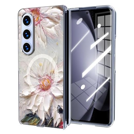 TLEROUSSL Capa magnética para Galaxy Z Fold5, compatível com magnética, fina e transparente, antiamarela, à prova de choque, capa amortecedora de TPU protetora, pintura a óleo, flor branca,