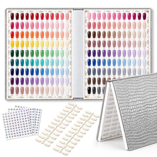 vnjaoi 216 Colors Nail Swatches Book with 240 Nail Tips and Number Labels Leather Nail Gel Polish Display Book Nail Painting Practice Design Board No Need Pasting, No Need Glue