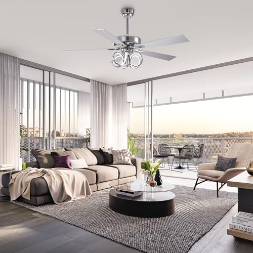 Image of 52 Inch Silver Ceiling Fans with Lights and Remote, Creative Modern Ceiling Fan for Bedroom Living Room with 3CCT, 6 Speeds, Timer, Dual-Sided Reversible 5 Blades Indoor Outdoor Chandelier Fan