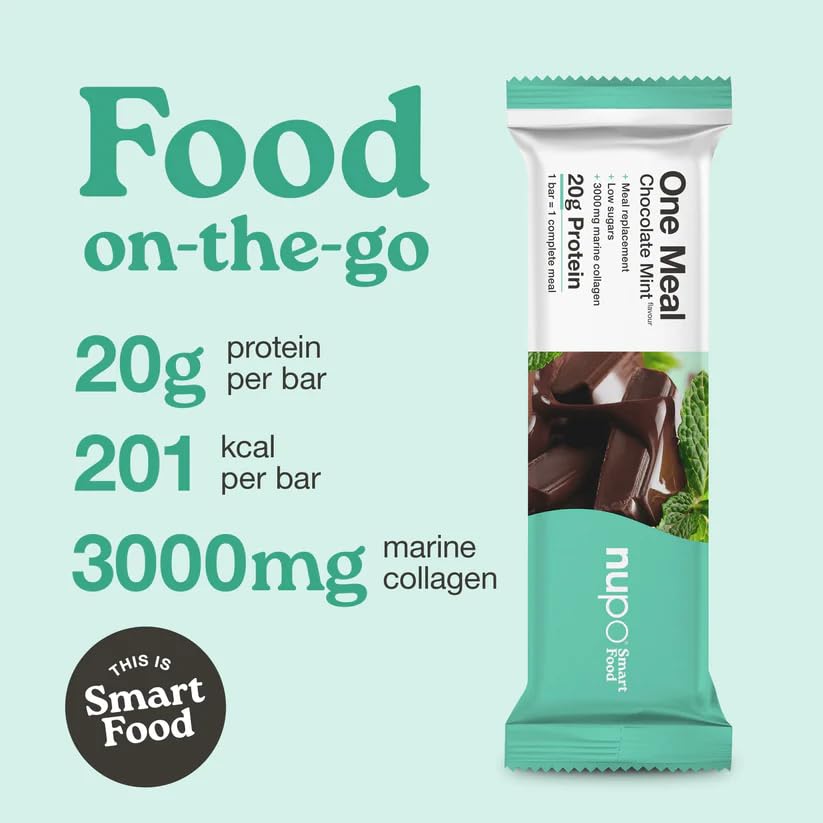 NUPO One Meal Bar – Chocolate-Mint (15 x 60g) | Leckerer High Protein Mahlzeitenersatz Riegel zum Abnehmen | Low Sugar | Mit 3000 mg Kollagen | Kalorienarme Snacks mit Vitaminen & Mineralien