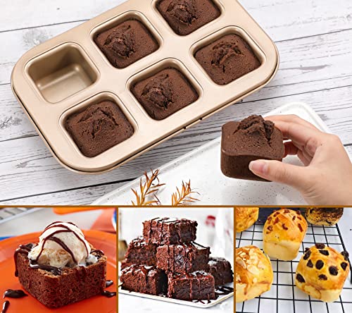 Webake Brownie Cake Pan, 6-Cavity Non-Stick Square Muffin Pan 1.6 Inch Deep Brownie Mold Small Cake Pan Bakeware For Oven Baking (Champagne Gold) #TOP6