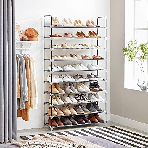 SONGMICS 10-Tier Shoe Rack, Storage Organiser, Holds up to 50 Pairs of Shoes, for Living Room, Cloakroom and Hallway, Non-Woven Fabric, 100 x 29 x 175 cm, Black LSR10H