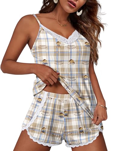 Image of Ekouaer Womens Pajama Sets Soft Lingerie Sleepwear 2 Piece Cami Shorts Set V Neck Pj Lace Nightwear