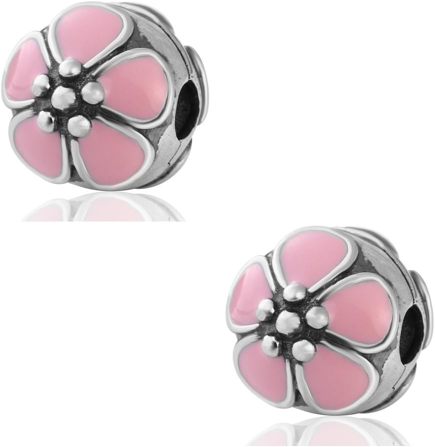 Hoobeads 2pcs*Pink Enamel Cherry Blossom Clip Authentic.925 Sterling Silver Clip Lock Stopper Bead Charms