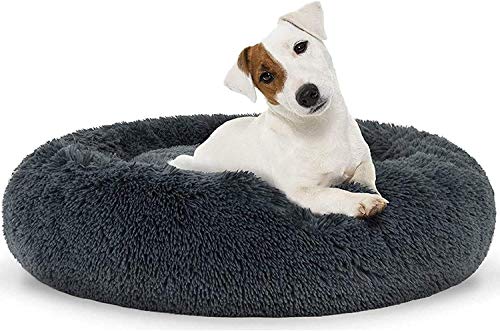 Soft Round Calming Dog Beds for Medium Dogs Washable Plush Pet Bed Donut Cuddler Cushion Dark Grey,23''