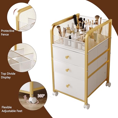 Image of Rolling Makeup Organizer Cart with 3 Drawers, Under Desk Vanity Makeup Storage Cart, Bathroom Storage Cart Cosmetic Display Cases Cabinet for Nail Polish, Brushes & Hair Tools, Gold