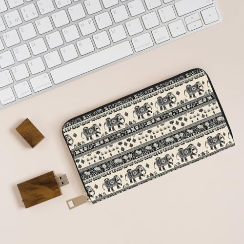 Leather Thin Slim Wallets for Women Men - Fashion Retro Elephant Pattern Print Card Wallet Holder with Zipper4