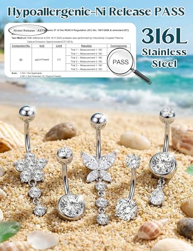 ORAZIO 5 Stück Bauchnabelpiercing Chirurgenstahl Silber Damen Schmetterling Flowers Zirkon 10MM Bauchnabelpiercing Set Piercing Bauchnabel Damen
