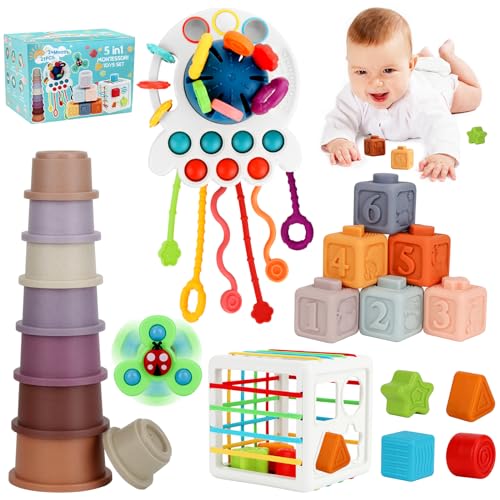 Image of 5 in 1 Montessori Toys, LOSLANDIFEN Baby Toys 6-12 Months, Toddler Sensory Toys with Sensory Bin, Baby Stacking Toys, Suction Cup Spinner Toys, Stacking Cups, Pull String Toy Baby Gifts 3 6 9 12 18