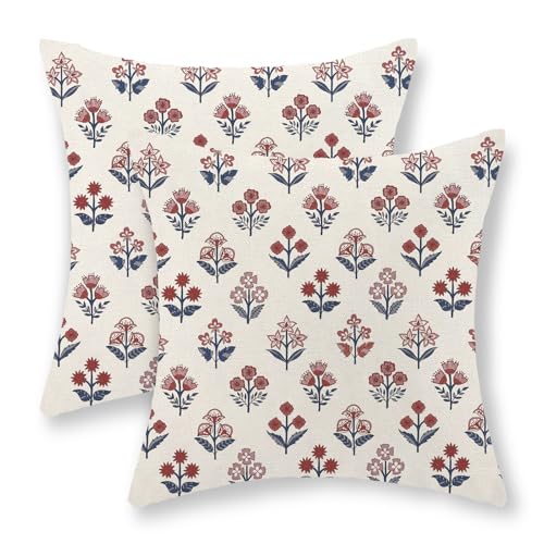 GOLIANDA Red Blue Pillow Covers 16x16 Inch Set of 2 Patriotic 4th of July Throw Pillows Vintage Flower Boho Block Print Floral Decorative Pillow Cases Outdoor Linen Cushion Cover for Couch Sofa Decor by GOLIANDA - Used condition - US$13.33