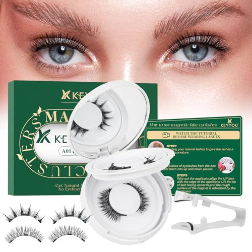KEYYOU Reusable Magnetic Eyelashes 2 Pair with Applicator No Glue Needed 3D Natural Magnetic Lashes, Easy to Apply & Long Lasting for Daily Use & Events(A01+A02)
