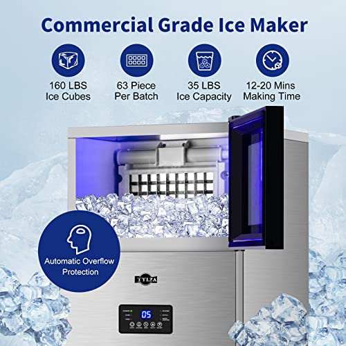 Tylza Commercial Ice Maker 160 Lbs/24H, 15" Wide Under Counter Ice Maker With 35Lbs Ice Storage Capacity, Commercial Ice Machine Self Clean Stainless Steel Built-In Or Freestanding Large Ice Machine #TOP1