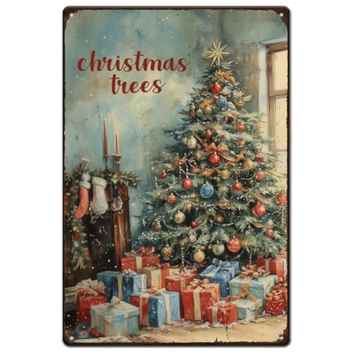 SUPERDANT Christmas Tree Metal Signs Gifts Tin Sign Merry Christmas Metal Wall Plaques Funny Poster Vintage Decor Home Wall Art for Living Room Bedroom Cafe Door Bar Guest Room Decoration