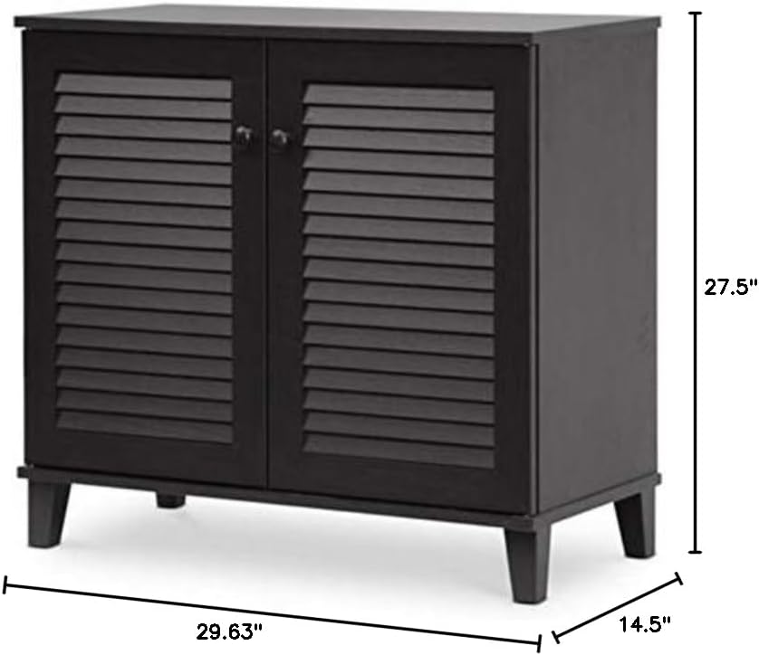 BOWERY HILL Shoe Cabinet, 4 Fixed Shelves, Espresso Finish, Engineered Wood and MDF, 27.5" H x 29.63" W x 14.5" D, Contemporary Design, Hinged Doors, Entryway or Closet Shoe Storage