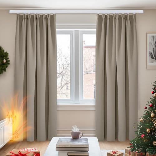 Deconovo Lot de 2 Rideaux Occultant Isolant Thermique Anti Froid Chaleur Rideau Salon Design Moderne Rideau Cuisine Galon Fronceur Taupe 140x245cm