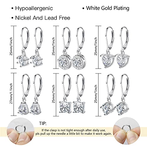 6 Pairs Cubic Zirconia Earrings Dangle for Women Leverback Drop Earrings Hypoallergenic Silver Dangling Earing Set3