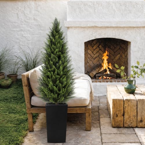 Image of VIVATREES 5FT Artificial Cedar Topiary Trees 2 Pack, Faux Cypress Plants with Black Square Planters, UV Resistant Outdoor Evergreen Decor for Front Porch, Patio, Garden & Home