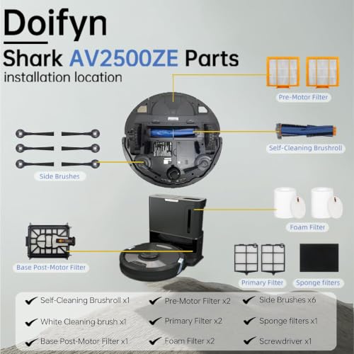 Image of Replacement Parts Compatible with Shark AI AV2501S AV2511AE AV2501AE RV2502AE RV2610WA AV2510AOUS RV2520AOUS Robot Vacuum Cleaner, 1Main Brush, 2 motor pre-filters, 2Foam Filters, 6Side Brushes
