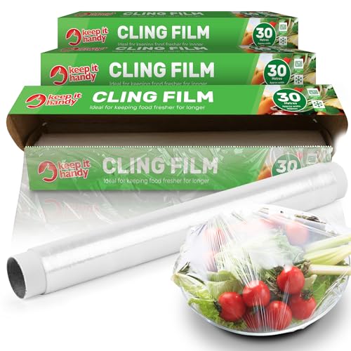 SOL 3pk Cling Film for Food |Catering Dispenser and Cutter | Storing Refill Rolls Kitchen Preparation Reusable Clingfilm with Cutter, 3 Rolls (40m x 30cm) (311045)