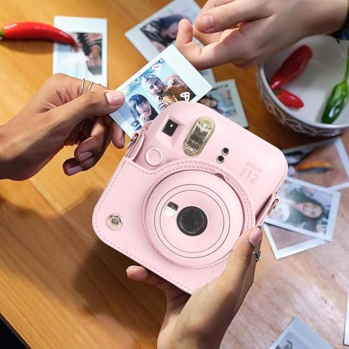 Image of Breatoi PU Leather Camera Case for Mini 12 - Rainproof, Soft, and Stylish in Blossom Pink with Adjustable Shoulder Strap