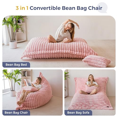 Image of MAXYOYO Giant Bean Bag Chair with Pillow, 3 in 1 Convertible Bean Bag Chair for Adults with Removable Cover, Floor Cushion Stuffed Floor Lounger for Living Room Bedroom, Pink